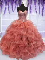 Superior Watermelon Red 15th Birthday Dress Military Ball and Sweet 16 and Quinceanera with Beading and Ruffles Sweetheart Sleeveless Lace Up
