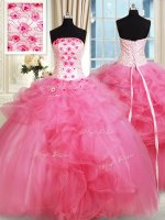 Hot Pink Quince Ball Gowns Military Ball and Sweet 16 and Quinceanera with Beading and Appliques and Ruffles Strapless Sleeveless Lace Up