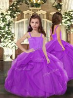 Stylish Ball Gowns Girls Pageant Dresses Purple Straps Tulle Sleeveless Floor Length Lace Up