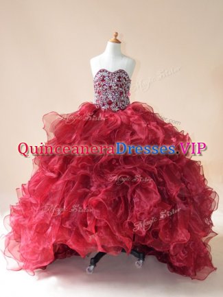 Popular Organza Sweetheart Sleeveless Brush Train Lace Up Beading and Ruffles Kids Pageant Dress in Wine Red