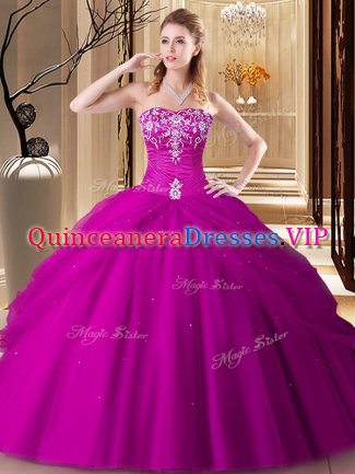 Extravagant Hot Pink Ball Gowns Embroidery 15th Birthday Dress Lace Up Tulle Sleeveless Floor Length