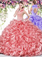 Enchanting Coral Red Backless High-neck Beading and Ruffles Quinceanera Gowns Organza Sleeveless(SKU SJQDDT828002BIZ)