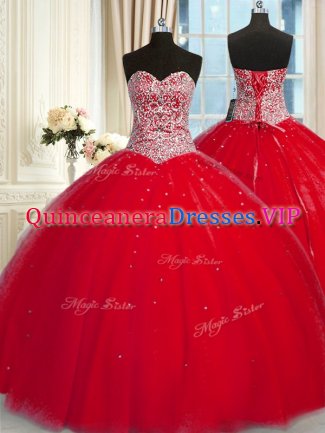 Red Tulle Lace Up Halter Top Sleeveless Quinceanera Dresses Beading and Sequins