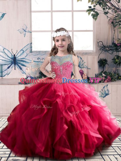 Beauteous Sleeveless Tulle Floor Length Lace Up Pageant Gowns For Girls in Coral Red with Beading and Ruffles - Click Image to Close