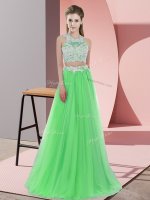 Sleeveless Tulle Floor Length Zipper Damas Dress in Green with Lace