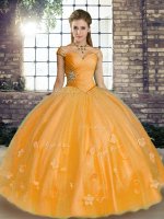 Sleeveless Floor Length Beading and Appliques Lace Up 15 Quinceanera Dress with Orange