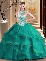 Halter Top Sleeveless With Train Beading and Ruffles Lace Up 15 Quinceanera Dress with Dark Green Brush Train