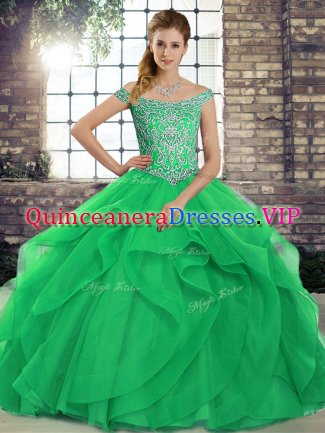 Green Vestidos de Quinceanera Tulle Brush Train Sleeveless Beading and Ruffles