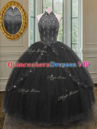 Sleeveless Floor Length Beading and Appliques Lace Up Sweet 16 Dress with Black