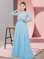 Glorious Lace and Belt Vestidos de Damas Baby Blue Side Zipper 3 4 Length Sleeve Floor Length