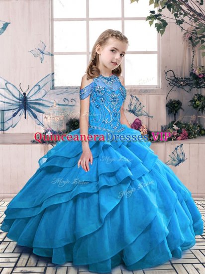 Aqua Blue Lace Up High-neck Beading and Ruffles Little Girls Pageant Gowns Organza Sleeveless - Click Image to Close
