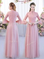 Charming Floor Length Pink Dama Dress for Quinceanera Tulle 3 4 Length Sleeve Lace