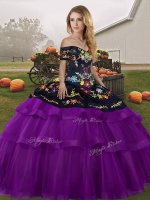 Black And Purple Off The Shoulder Neckline Embroidery and Ruffled Layers 15 Quinceanera Dress Sleeveless Lace Up(SKU SJQDDT2152002-9BIZ)