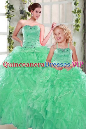Apple Green Lace Up Sweetheart Beading and Ruffles Sweet 16 Quinceanera Dress Organza Sleeveless