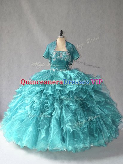 Extravagant Organza Strapless Sleeveless Lace Up Beading 15th Birthday Dress in Turquoise - Click Image to Close