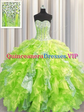 Best Selling Visible Boning Sweetheart Sleeveless Quinceanera Dresses Floor Length Beading and Ruffles and Sequins Yellow Green Organza and Sequined