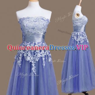 New Arrival Lavender Lace Up Strapless Appliques Dama Dress for Quinceanera Tulle Sleeveless
