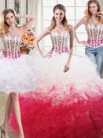 Three Piece White and Red High-neck Neckline Beading and Ruffles Quinceanera Gown Sleeveless Lace Up