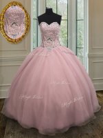Floor Length Lace Up Sweet 16 Dress Baby Pink for Military Ball and Sweet 16 and Quinceanera with Beading and Belt
