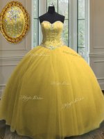 Noble Floor Length Gold 15th Birthday Dress Tulle Sleeveless Beading and Sequins