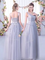 Fashionable Tulle Sleeveless Floor Length Dama Dress and Lace and Belt