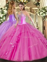 Floor Length Fuchsia Quinceanera Gowns Tulle Sleeveless Beading and Ruffles