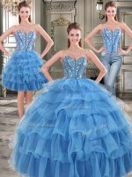 Modest Three Piece Blue Lace Up Quinceanera Dress Beading and Ruffled Layers Sleeveless Floor Length