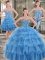 Modest Three Piece Blue Lace Up Quinceanera Dress Beading and Ruffled Layers Sleeveless Floor Length