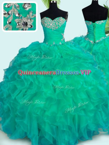 Sumptuous Turquoise Sleeveless Floor Length Beading and Ruffles Lace Up Quinceanera Dresses - Click Image to Close