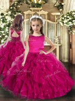 Fuchsia Scoop Lace Up Ruffles Little Girl Pageant Gowns Sleeveless