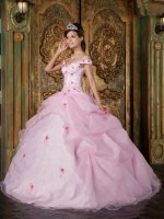 Post Falls Idaho/ID Romantic Pink Off The Shoulder Organza Quinceanera Dress With Colorful Flowers(SKU QDZY220-CBIZ)