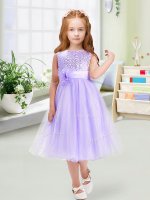 Lavender Empire Organza Scoop Sleeveless Sequins and Hand Made Flower Tea Length Zipper Kids Formal Wear