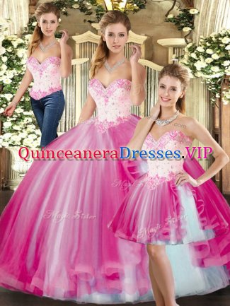 High End Sleeveless Tulle Floor Length Lace Up 15th Birthday Dress in Fuchsia with Beading