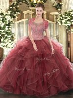 Fashion Burgundy 15 Quinceanera Dress Military Ball and Sweet 16 and Quinceanera with Beading and Ruffled Layers Scoop Sleeveless Clasp Handle(SKU SJQDDT1002002-3BIZ)