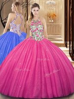 Eye-catching Hot Pink Scoop Neckline Embroidery and Sequins Quinceanera Dresses Sleeveless Backless