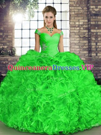 Popular Green Ball Gowns Organza Off The Shoulder Sleeveless Beading and Ruffles Floor Length Lace Up 15 Quinceanera Dress