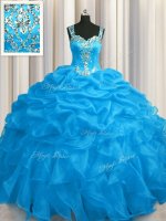 See Through Zipper Up Blue Sleeveless Appliques and Ruffles Floor Length Ball Gown Prom Dress