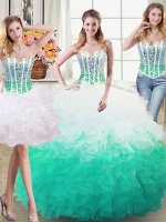 Popular Three Piece White and Green Sweetheart Neckline Beading and Ruffles Vestidos de Quinceanera Sleeveless Lace Up