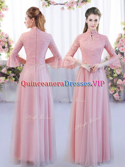 Charming Floor Length Pink Dama Dress for Quinceanera Tulle 3 4 Length Sleeve Lace - Click Image to Close