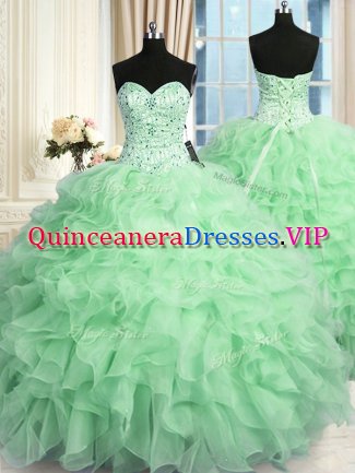 Fitting Sweetheart Sleeveless Sweet 16 Dresses Floor Length Beading and Ruffles Apple Green Organza