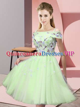 Knee Length Yellow Green Vestidos de Damas Tulle Short Sleeves Appliques