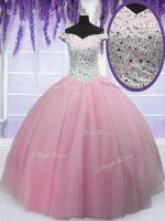 Best Selling Tulle Off The Shoulder Short Sleeves Lace Up Beading Quinceanera Gown in Baby Pink