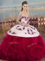 Glorious White And Red Ball Gowns Tulle Sweetheart Sleeveless Embroidery and Ruffles and Bowknot Floor Length Lace Up Quinceanera Gowns