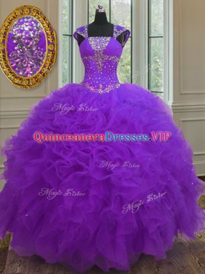 Straps Purple Cap Sleeves Floor Length Beading and Ruffles and Sequins Lace Up 15 Quinceanera Dress - Click Image to Close