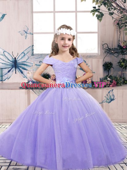 Fancy Ball Gowns Child Pageant Dress Lavender Off The Shoulder Tulle Sleeveless Floor Length Lace Up - Click Image to Close