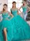 Noble Lace Up 15th Birthday Dress Aqua Blue for Sweet 16 and Quinceanera with Beading and Ruffles Brush Train
