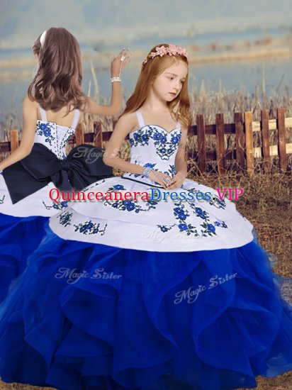 Royal Blue Straps Neckline Embroidery and Ruffles Pageant Gowns For Girls Sleeveless Lace Up - Click Image to Close