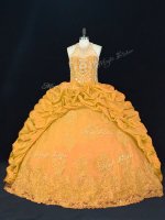 Shining Gold Sleeveless Floor Length Appliques Lace Up Ball Gown Prom Dress