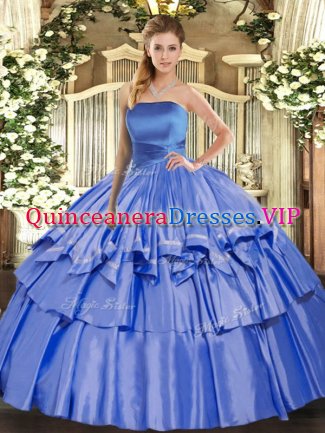 Strapless Sleeveless Ball Gown Prom Dress Floor Length Ruffled Layers Blue Organza