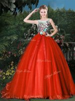 Custom Designed Red Ball Gowns Scoop Sleeveless Organza Brush Train Zipper Appliques and Belt Quinceanera Dresses